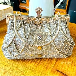 MG Collection Louise Bead Sequined Leaf Clutch, Silver